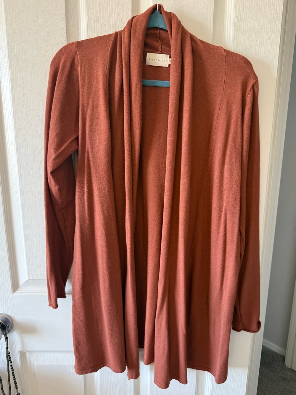 Dreamers Rust Orange Open Front Cardigan M/L Soft Cotton Rayon Shawl Collar